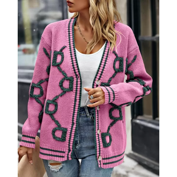 imagePRETTYGARDEN Womens Fall Chunky Knit Cardigan Sweaters Casual Open Front Button Up Winter Coats OuterwearRose Red Green
