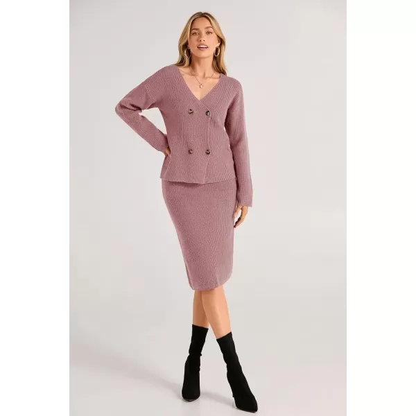 imagePRETTYGARDEN Womens Fall Clothes 2 Piece Sweater Outfits V Neck Button Down Cardigan Bodycon Skirt SetBean Paste Pink