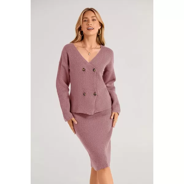 imagePRETTYGARDEN Womens Fall Clothes 2 Piece Sweater Outfits V Neck Button Down Cardigan Bodycon Skirt SetBean Paste Pink