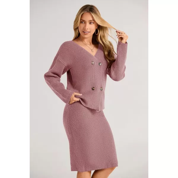 imagePRETTYGARDEN Womens Fall Clothes 2 Piece Sweater Outfits V Neck Button Down Cardigan Bodycon Skirt SetBean Paste Pink
