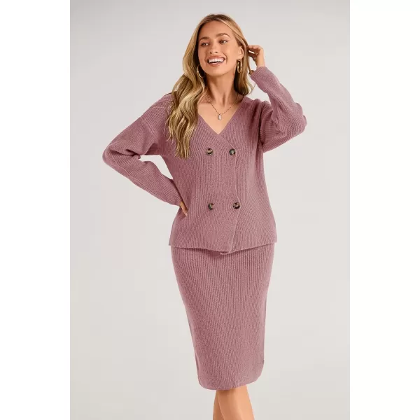 imagePRETTYGARDEN Womens Fall Clothes 2 Piece Sweater Outfits V Neck Button Down Cardigan Bodycon Skirt SetBean Paste Pink