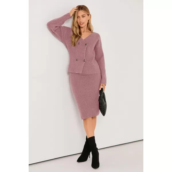 imagePRETTYGARDEN Womens Fall Clothes 2 Piece Sweater Outfits V Neck Button Down Cardigan Bodycon Skirt SetBean Paste Pink