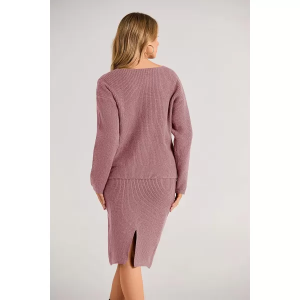 imagePRETTYGARDEN Womens Fall Clothes 2 Piece Sweater Outfits V Neck Button Down Cardigan Bodycon Skirt SetBean Paste Pink