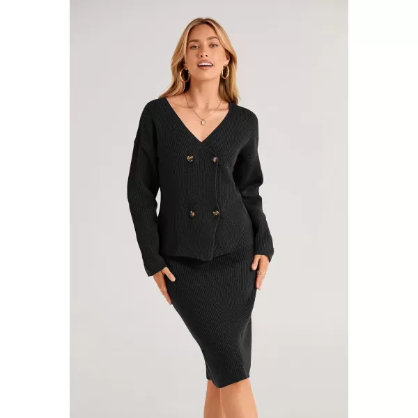 imagePRETTYGARDEN Womens Fall Clothes 2 Piece Sweater Outfits V Neck Button Down Cardigan Bodycon Skirt SetBlack