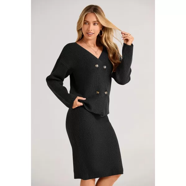 imagePRETTYGARDEN Womens Fall Clothes 2 Piece Sweater Outfits V Neck Button Down Cardigan Bodycon Skirt SetBlack