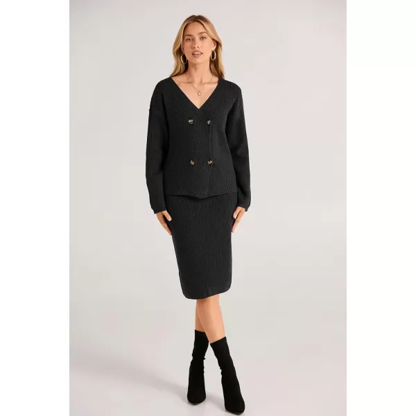 imagePRETTYGARDEN Womens Fall Clothes 2 Piece Sweater Outfits V Neck Button Down Cardigan Bodycon Skirt SetBlack