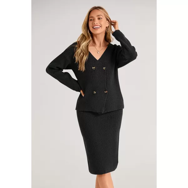 imagePRETTYGARDEN Womens Fall Clothes 2 Piece Sweater Outfits V Neck Button Down Cardigan Bodycon Skirt SetBlack