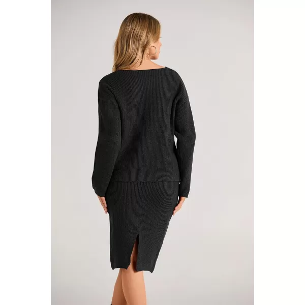 imagePRETTYGARDEN Womens Fall Clothes 2 Piece Sweater Outfits V Neck Button Down Cardigan Bodycon Skirt SetBlack