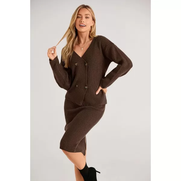 imagePRETTYGARDEN Womens Fall Clothes 2 Piece Sweater Outfits V Neck Button Down Cardigan Bodycon Skirt SetBrown