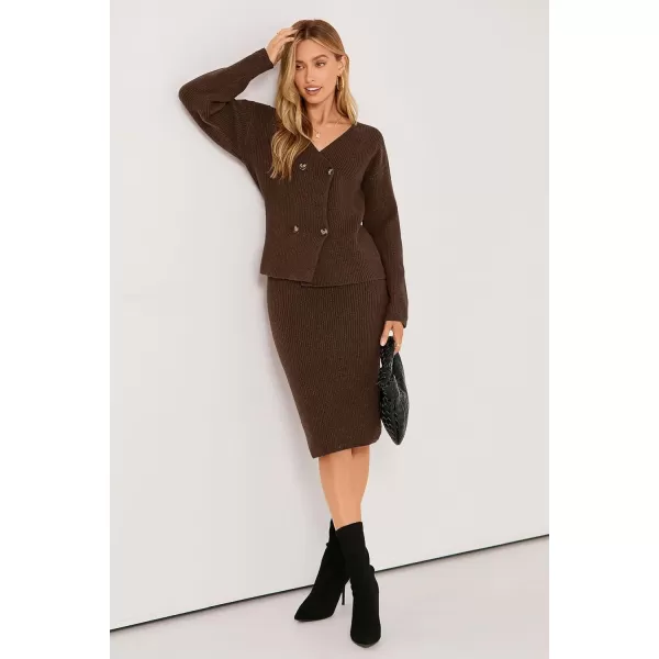 imagePRETTYGARDEN Womens Fall Clothes 2 Piece Sweater Outfits V Neck Button Down Cardigan Bodycon Skirt SetBrown