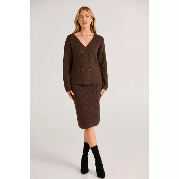 imagePRETTYGARDEN Womens Fall Clothes 2 Piece Sweater Outfits V Neck Button Down Cardigan Bodycon Skirt SetBrown