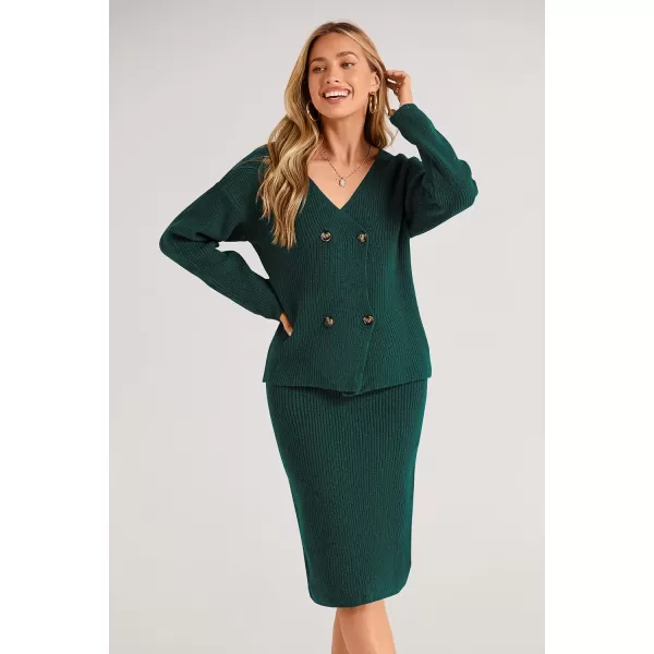 imagePRETTYGARDEN Womens Fall Clothes 2 Piece Sweater Outfits V Neck Button Down Cardigan Bodycon Skirt SetDark Green