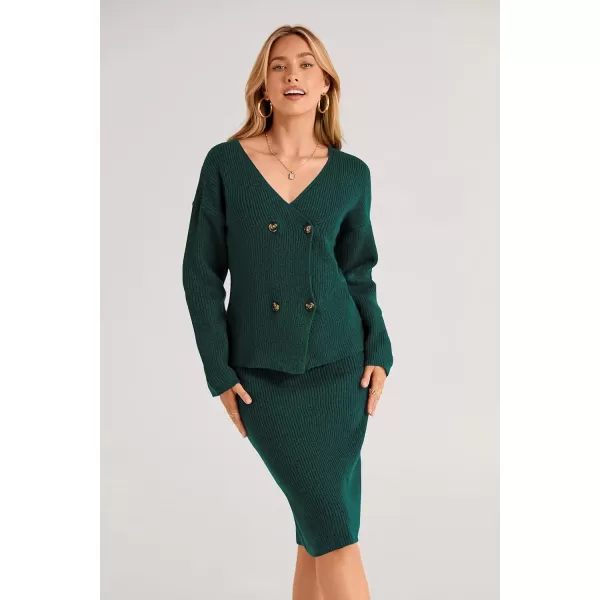 imagePRETTYGARDEN Womens Fall Clothes 2 Piece Sweater Outfits V Neck Button Down Cardigan Bodycon Skirt SetDark Green