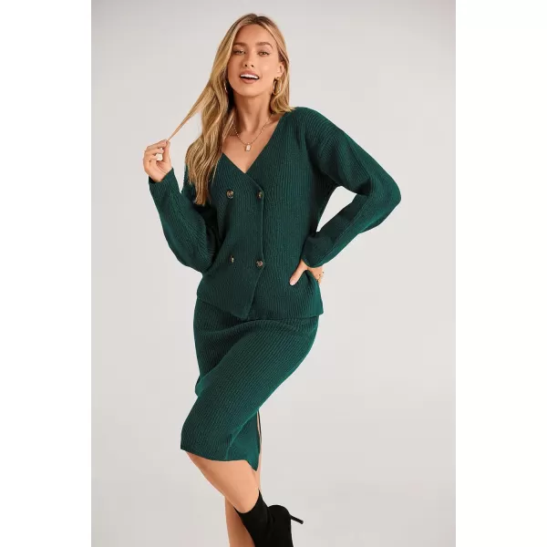 imagePRETTYGARDEN Womens Fall Clothes 2 Piece Sweater Outfits V Neck Button Down Cardigan Bodycon Skirt SetDark Green