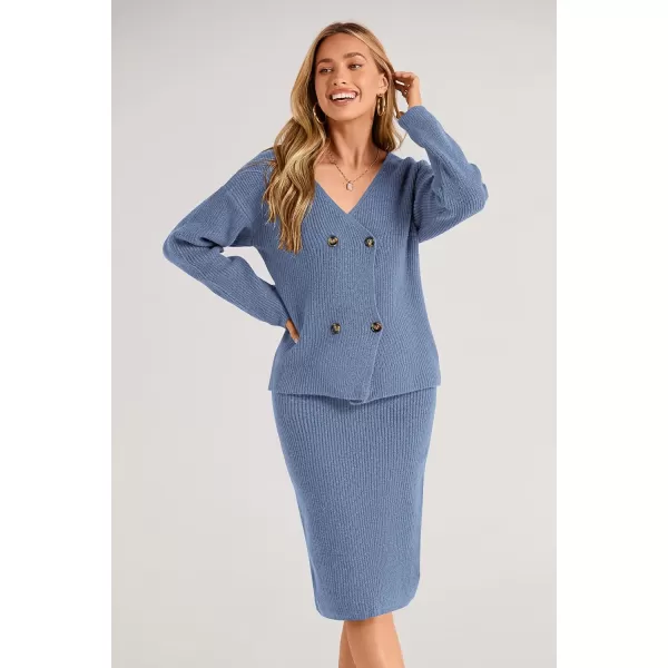 imagePRETTYGARDEN Womens Fall Clothes 2 Piece Sweater Outfits V Neck Button Down Cardigan Bodycon Skirt SetGrey Blue