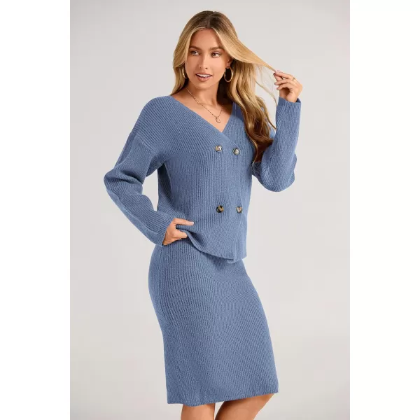 imagePRETTYGARDEN Womens Fall Clothes 2 Piece Sweater Outfits V Neck Button Down Cardigan Bodycon Skirt SetGrey Blue