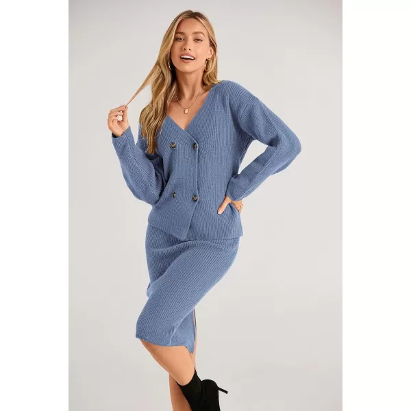 imagePRETTYGARDEN Womens Fall Clothes 2 Piece Sweater Outfits V Neck Button Down Cardigan Bodycon Skirt SetGrey Blue