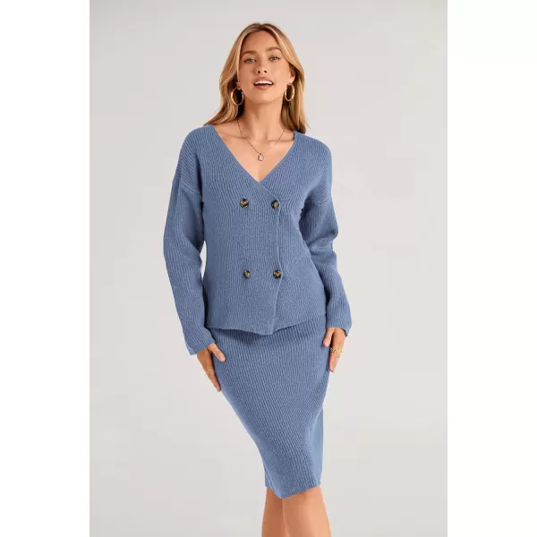 imagePRETTYGARDEN Womens Fall Clothes 2 Piece Sweater Outfits V Neck Button Down Cardigan Bodycon Skirt SetGrey Blue