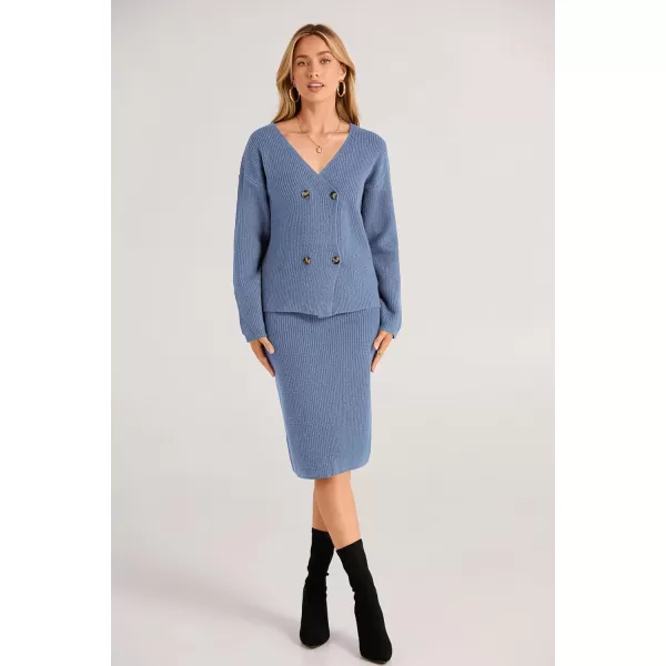 imagePRETTYGARDEN Womens Fall Clothes 2 Piece Sweater Outfits V Neck Button Down Cardigan Bodycon Skirt SetGrey Blue