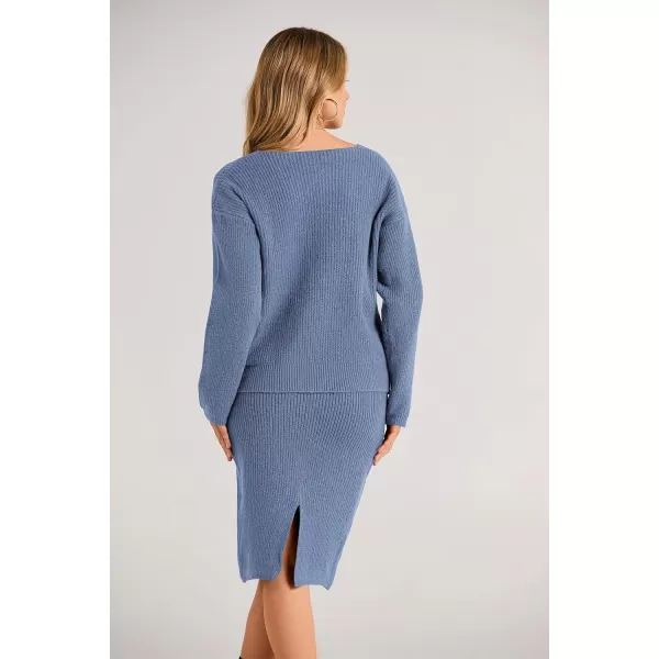 imagePRETTYGARDEN Womens Fall Clothes 2 Piece Sweater Outfits V Neck Button Down Cardigan Bodycon Skirt SetGrey Blue