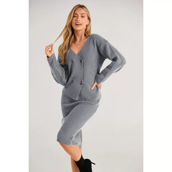 imagePRETTYGARDEN Womens Fall Clothes 2 Piece Sweater Outfits V Neck Button Down Cardigan Bodycon Skirt SetLight Grey