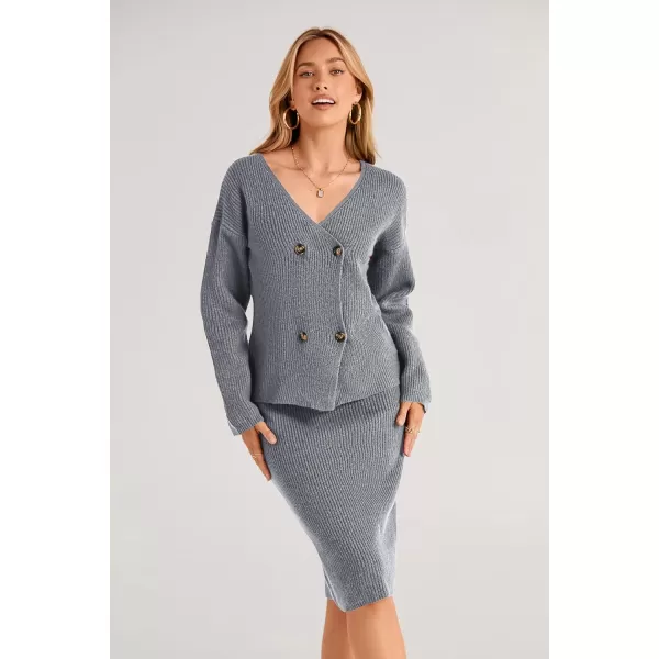 imagePRETTYGARDEN Womens Fall Clothes 2 Piece Sweater Outfits V Neck Button Down Cardigan Bodycon Skirt SetLight Grey