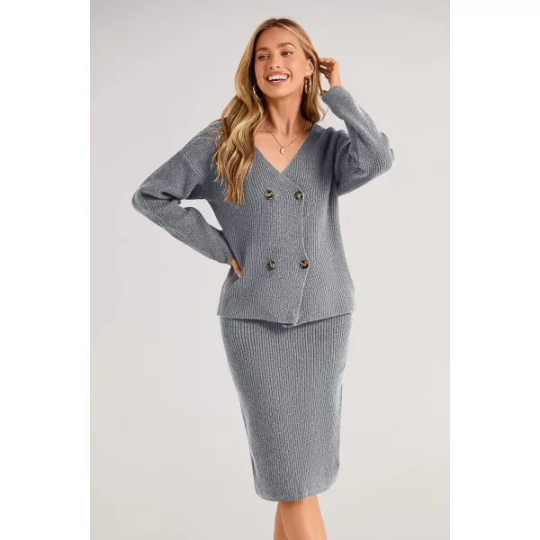 imagePRETTYGARDEN Womens Fall Clothes 2 Piece Sweater Outfits V Neck Button Down Cardigan Bodycon Skirt SetLight Grey