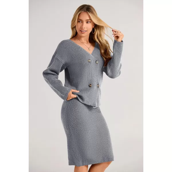 imagePRETTYGARDEN Womens Fall Clothes 2 Piece Sweater Outfits V Neck Button Down Cardigan Bodycon Skirt SetLight Grey