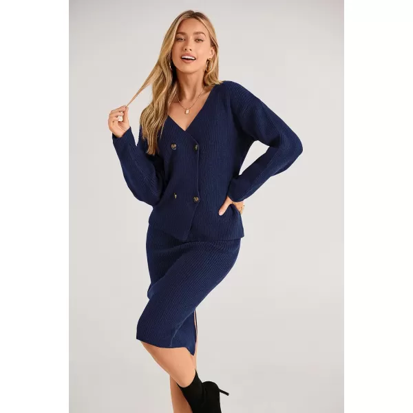 imagePRETTYGARDEN Womens Fall Clothes 2 Piece Sweater Outfits V Neck Button Down Cardigan Bodycon Skirt SetNavy