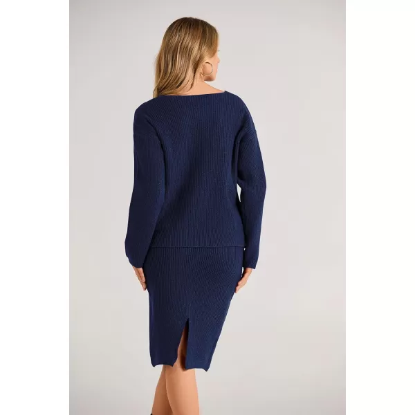 imagePRETTYGARDEN Womens Fall Clothes 2 Piece Sweater Outfits V Neck Button Down Cardigan Bodycon Skirt SetNavy