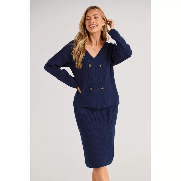 imagePRETTYGARDEN Womens Fall Clothes 2 Piece Sweater Outfits V Neck Button Down Cardigan Bodycon Skirt SetNavy
