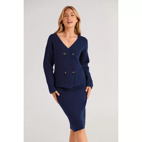 imagePRETTYGARDEN Womens Fall Clothes 2 Piece Sweater Outfits V Neck Button Down Cardigan Bodycon Skirt SetNavy