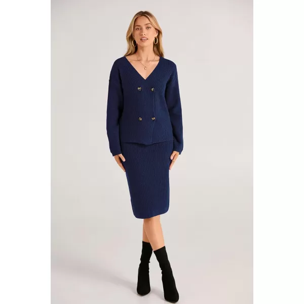 imagePRETTYGARDEN Womens Fall Clothes 2 Piece Sweater Outfits V Neck Button Down Cardigan Bodycon Skirt SetNavy