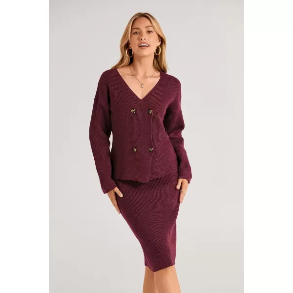 imagePRETTYGARDEN Womens Fall Clothes 2 Piece Sweater Outfits V Neck Button Down Cardigan Bodycon Skirt SetWine Red