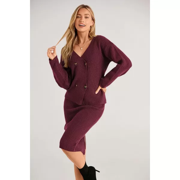 imagePRETTYGARDEN Womens Fall Clothes 2 Piece Sweater Outfits V Neck Button Down Cardigan Bodycon Skirt SetWine Red