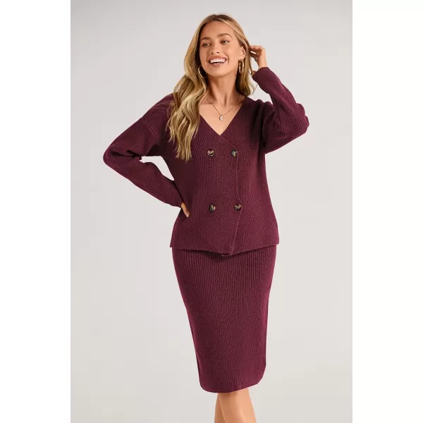 imagePRETTYGARDEN Womens Fall Clothes 2 Piece Sweater Outfits V Neck Button Down Cardigan Bodycon Skirt SetWine Red