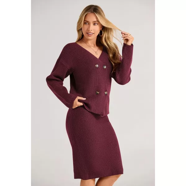 imagePRETTYGARDEN Womens Fall Clothes 2 Piece Sweater Outfits V Neck Button Down Cardigan Bodycon Skirt SetWine Red