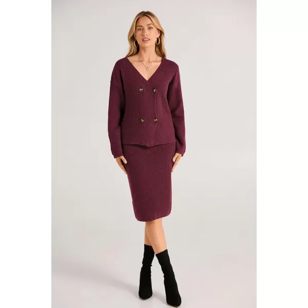 imagePRETTYGARDEN Womens Fall Clothes 2 Piece Sweater Outfits V Neck Button Down Cardigan Bodycon Skirt SetWine Red