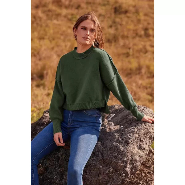 imagePRETTYGARDEN Womens Fall Clothes Cropped Sweaters Long Sleeve Crewneck Knit Pullover Oversized Jumper TopsSolid Army Green