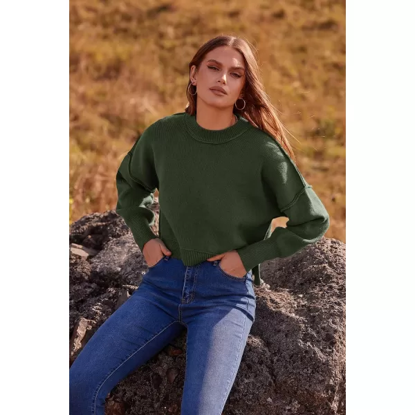 imagePRETTYGARDEN Womens Fall Clothes Cropped Sweaters Long Sleeve Crewneck Knit Pullover Oversized Jumper TopsSolid Army Green