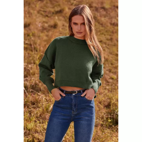 imagePRETTYGARDEN Womens Fall Clothes Cropped Sweaters Long Sleeve Crewneck Knit Pullover Oversized Jumper TopsSolid Army Green