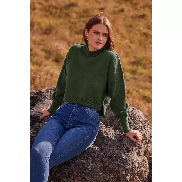 imagePRETTYGARDEN Womens Fall Clothes Cropped Sweaters Long Sleeve Crewneck Knit Pullover Oversized Jumper TopsSolid Army Green