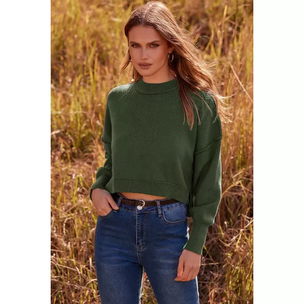 imagePRETTYGARDEN Womens Fall Clothes Cropped Sweaters Long Sleeve Crewneck Knit Pullover Oversized Jumper TopsSolid Army Green