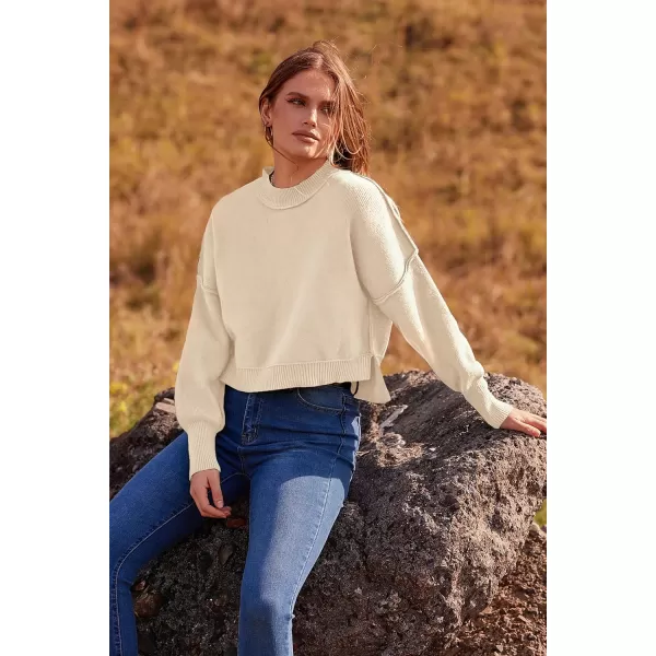 imagePRETTYGARDEN Womens Fall Clothes Cropped Sweaters Long Sleeve Crewneck Knit Pullover Oversized Jumper TopsSolid Beige