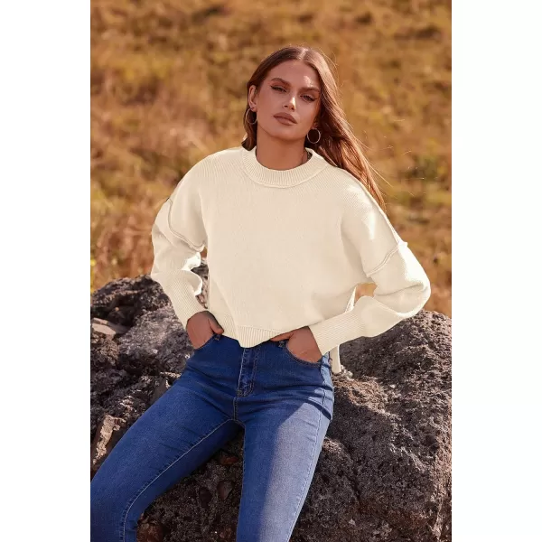 imagePRETTYGARDEN Womens Fall Clothes Cropped Sweaters Long Sleeve Crewneck Knit Pullover Oversized Jumper TopsSolid Beige