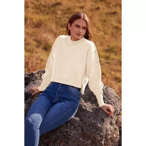 imagePRETTYGARDEN Womens Fall Clothes Cropped Sweaters Long Sleeve Crewneck Knit Pullover Oversized Jumper TopsSolid Beige