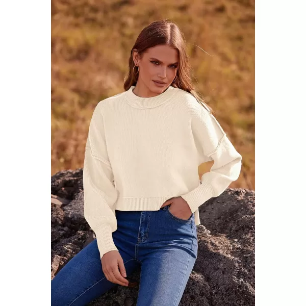 imagePRETTYGARDEN Womens Fall Clothes Cropped Sweaters Long Sleeve Crewneck Knit Pullover Oversized Jumper TopsSolid Beige