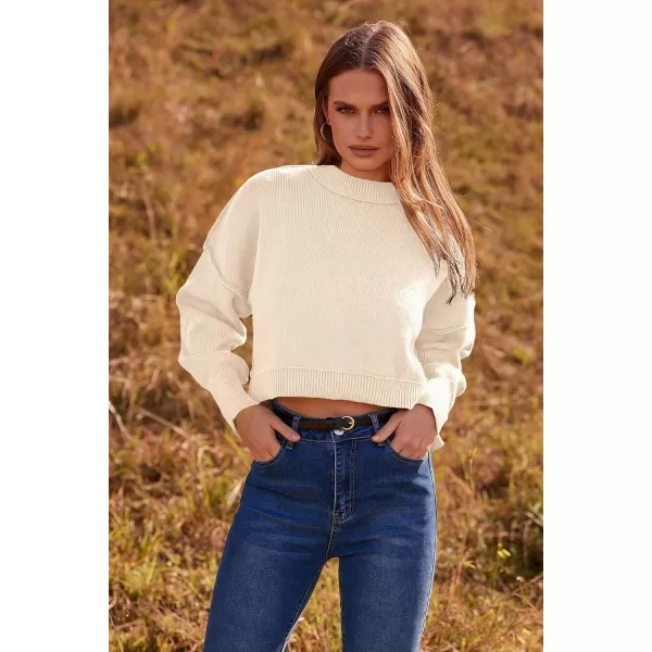 imagePRETTYGARDEN Womens Fall Clothes Cropped Sweaters Long Sleeve Crewneck Knit Pullover Oversized Jumper TopsSolid Beige