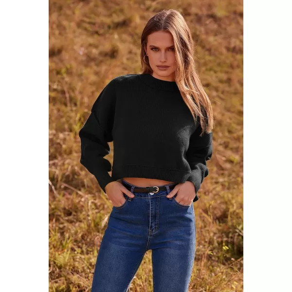 imagePRETTYGARDEN Womens Fall Clothes Cropped Sweaters Long Sleeve Crewneck Knit Pullover Oversized Jumper TopsSolid Black