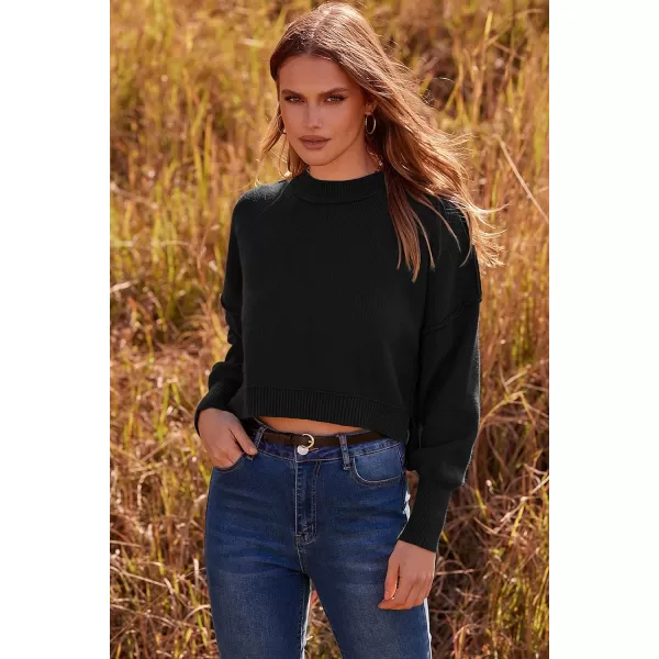 imagePRETTYGARDEN Womens Fall Clothes Cropped Sweaters Long Sleeve Crewneck Knit Pullover Oversized Jumper TopsSolid Black